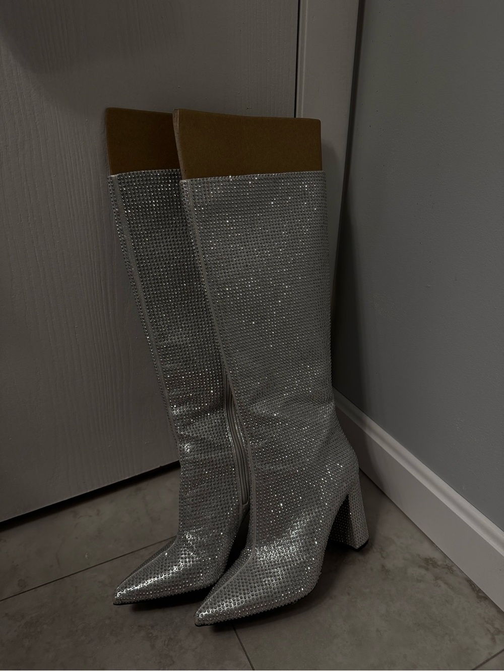Mix No. 6 Silver Shimmer Rhinestone Knee High Block Heel Boots